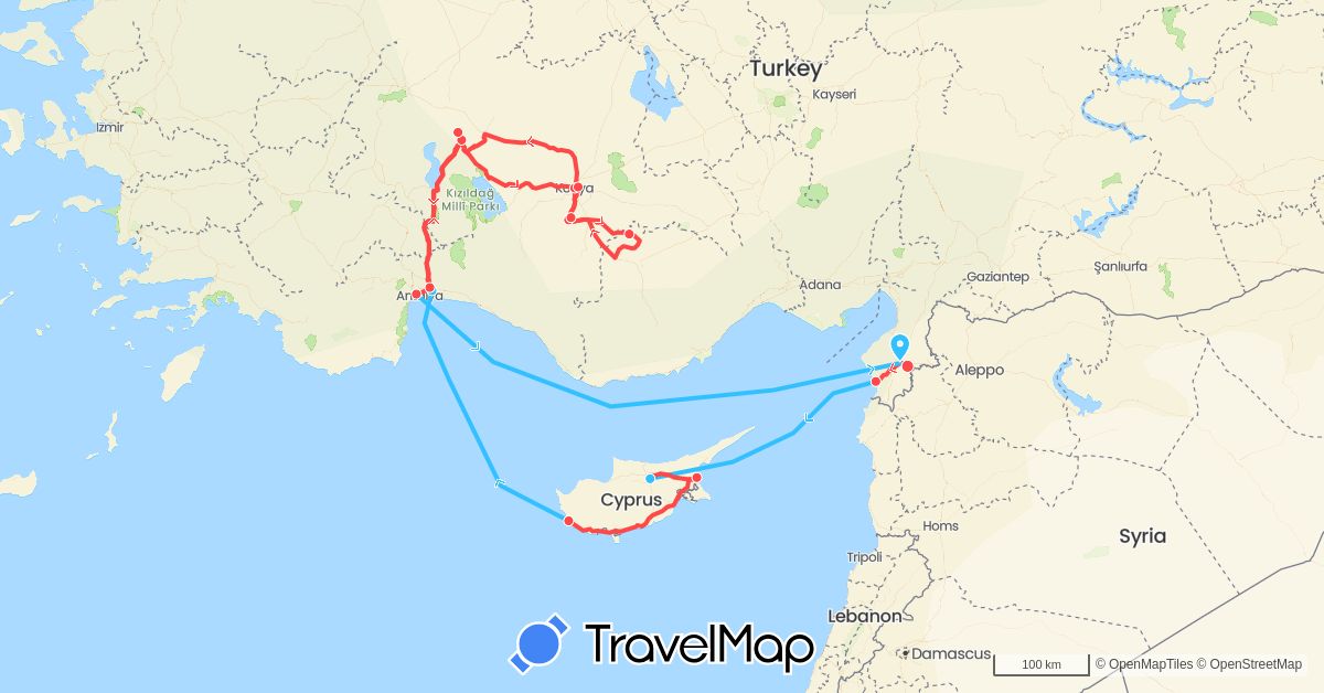 TravelMap itinerary: hiking, boat